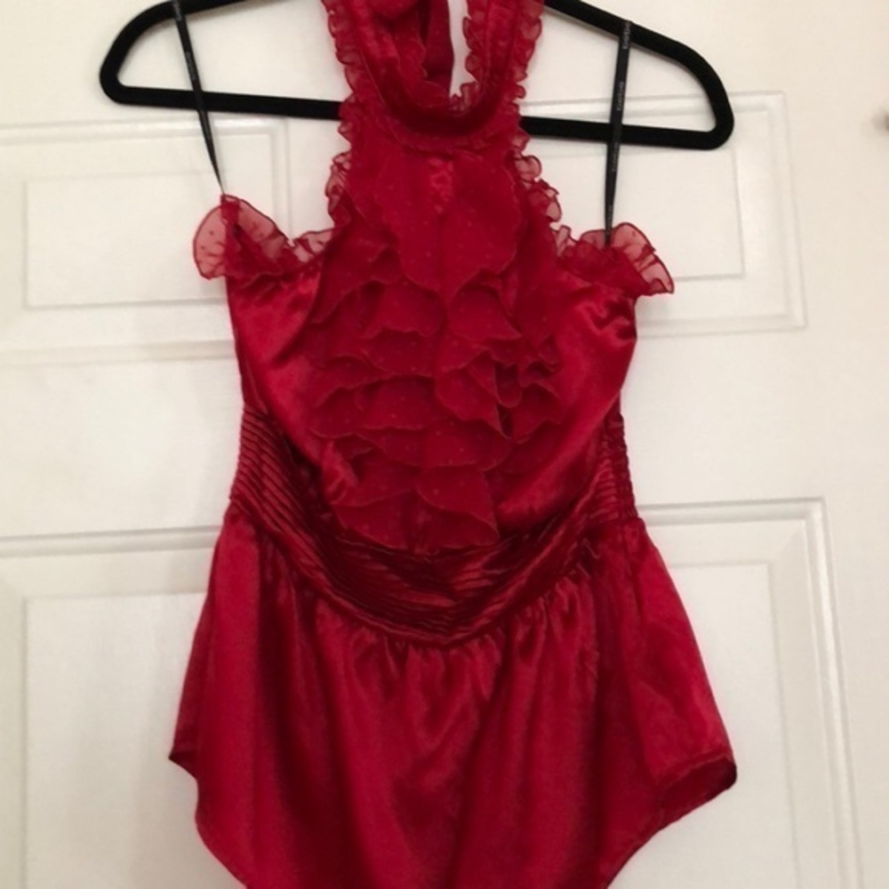 bebe fabulous & frilly red ruffle tie neck top